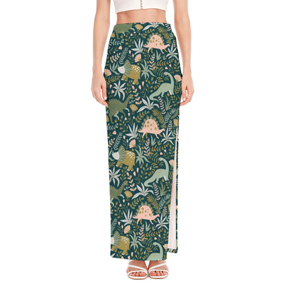 Cute Dino Tropical Leaves Pattern Print High Slit Maxi Skirt