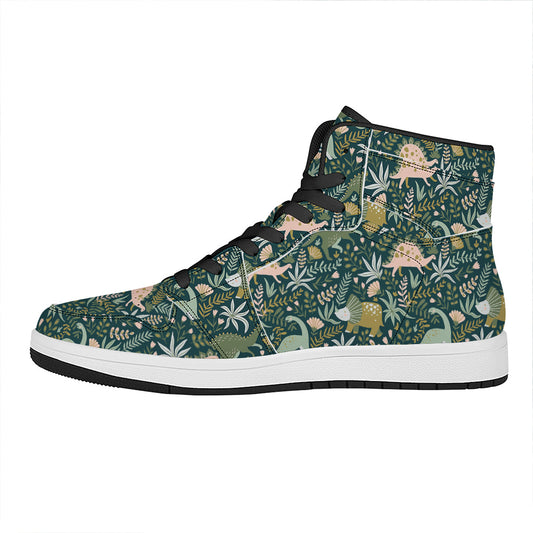 Cute Dino Tropical Leaves Pattern Print High Top Leather Sneakers