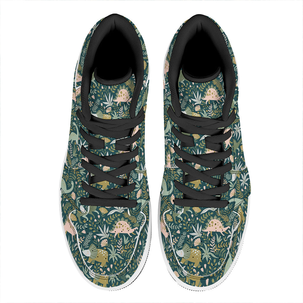 Cute Dino Tropical Leaves Pattern Print High Top Leather Sneakers