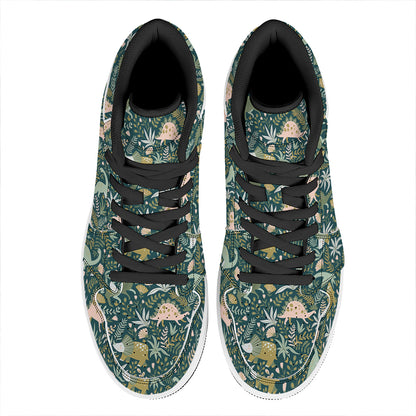 Cute Dino Tropical Leaves Pattern Print High Top Leather Sneakers