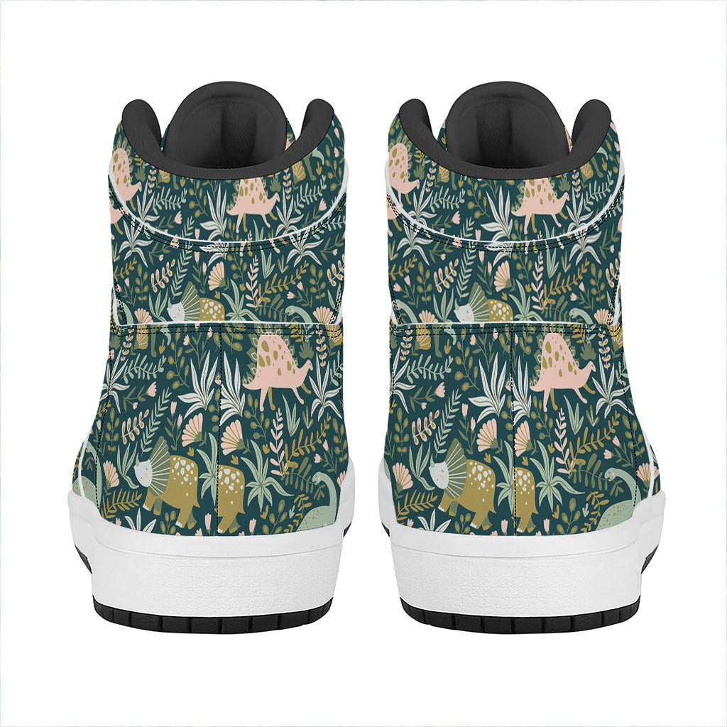 Cute Dino Tropical Leaves Pattern Print High Top Leather Sneakers