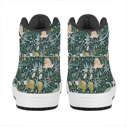 Cute Dino Tropical Leaves Pattern Print High Top Leather Sneakers