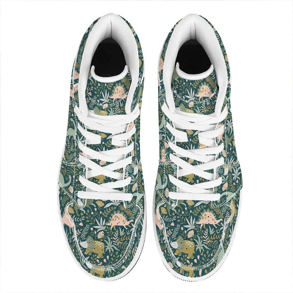 Cute Dino Tropical Leaves Pattern Print High Top Leather Sneakers
