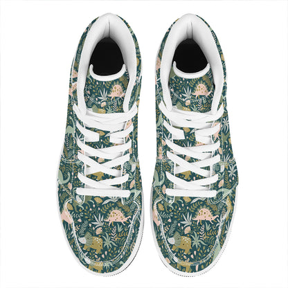 Cute Dino Tropical Leaves Pattern Print High Top Leather Sneakers