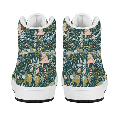 Cute Dino Tropical Leaves Pattern Print High Top Leather Sneakers
