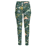 Cute Dino Tropical Leaves Pattern Print High-Waisted Pocket Leggings