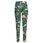 Cute Dino Tropical Leaves Pattern Print High-Waisted Pocket Leggings