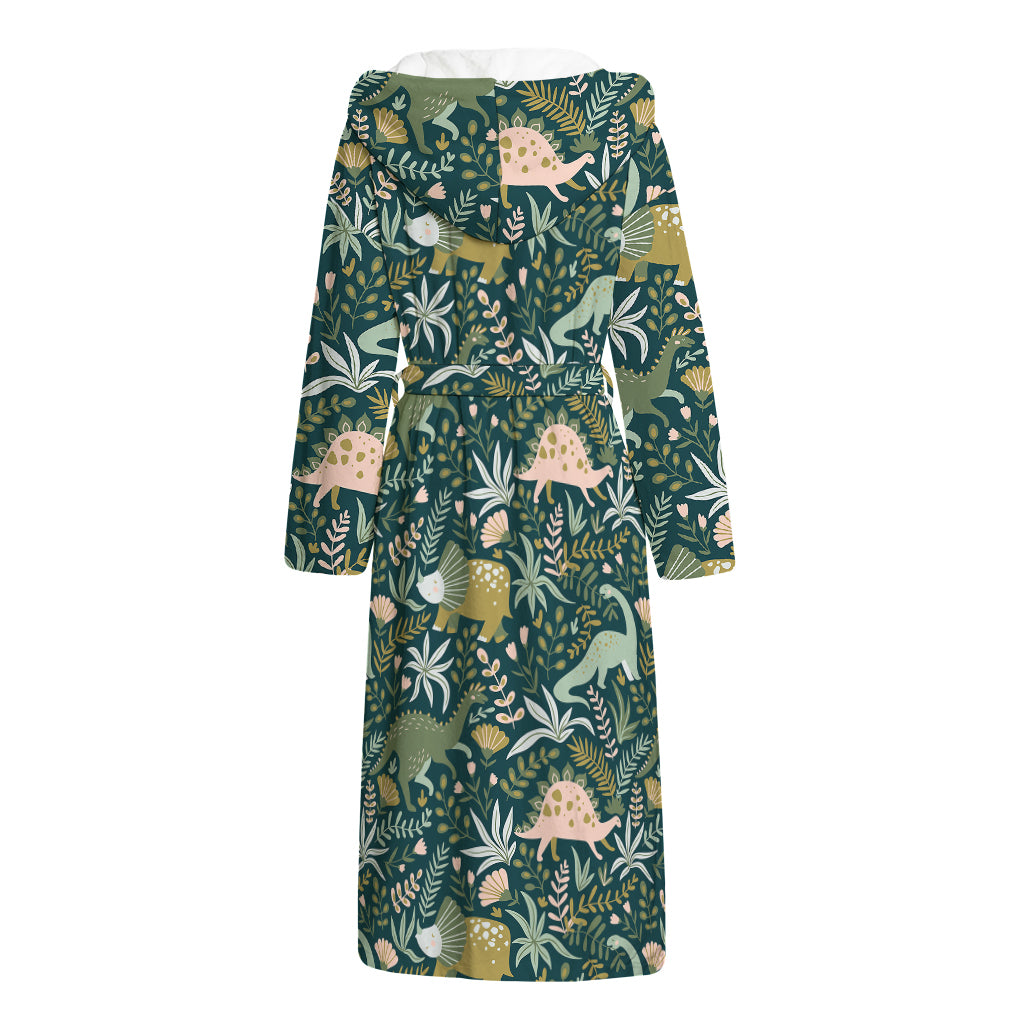 Cute Dino Tropical Leaves Pattern Print Hooded Bathrobe
