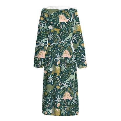 Cute Dino Tropical Leaves Pattern Print Hooded Bathrobe