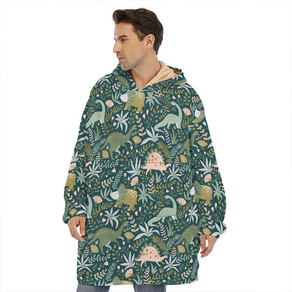 Cute Dino Tropical Leaves Pattern Print Hoodie Blanket