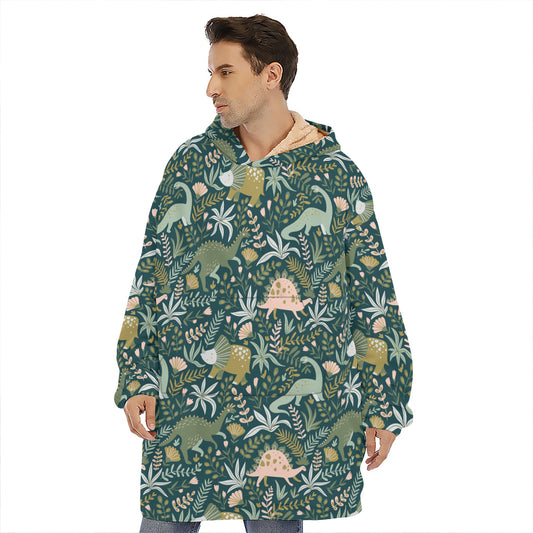 Cute Dino Tropical Leaves Pattern Print Hoodie Blanket