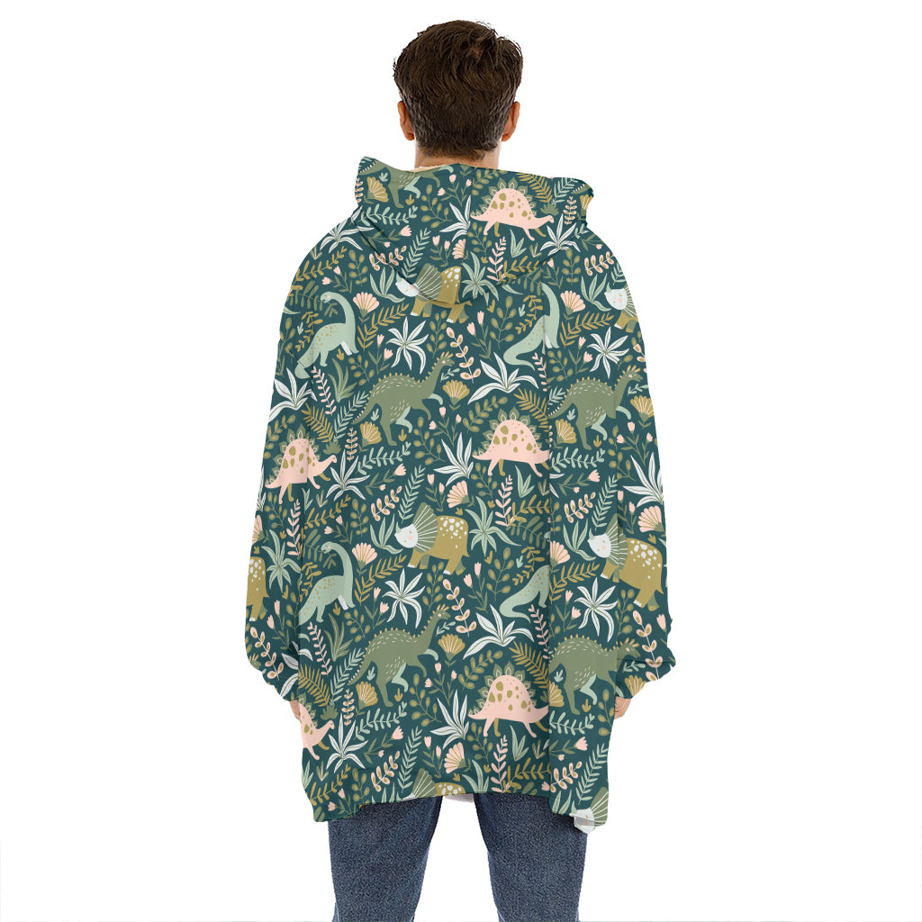 Cute Dino Tropical Leaves Pattern Print Hoodie Blanket