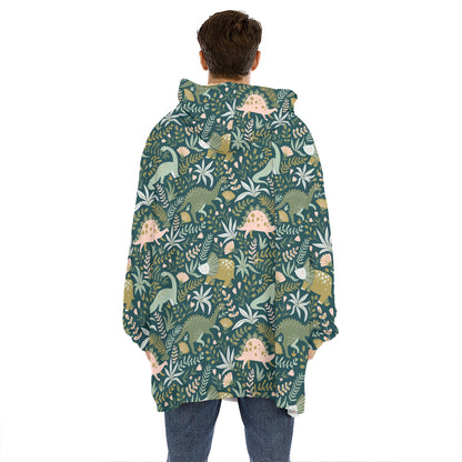 Cute Dino Tropical Leaves Pattern Print Hoodie Blanket