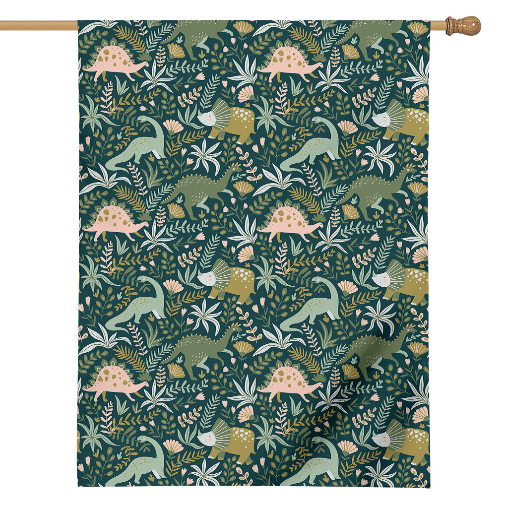 Cute Dino Tropical Leaves Pattern Print House Flag