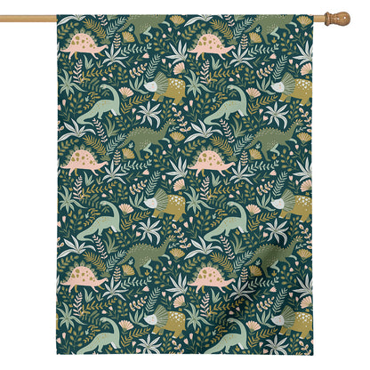 Cute Dino Tropical Leaves Pattern Print House Flag