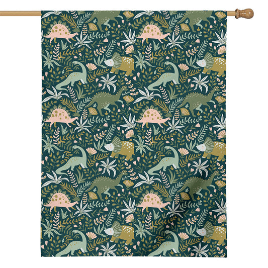 Cute Dino Tropical Leaves Pattern Print House Flag