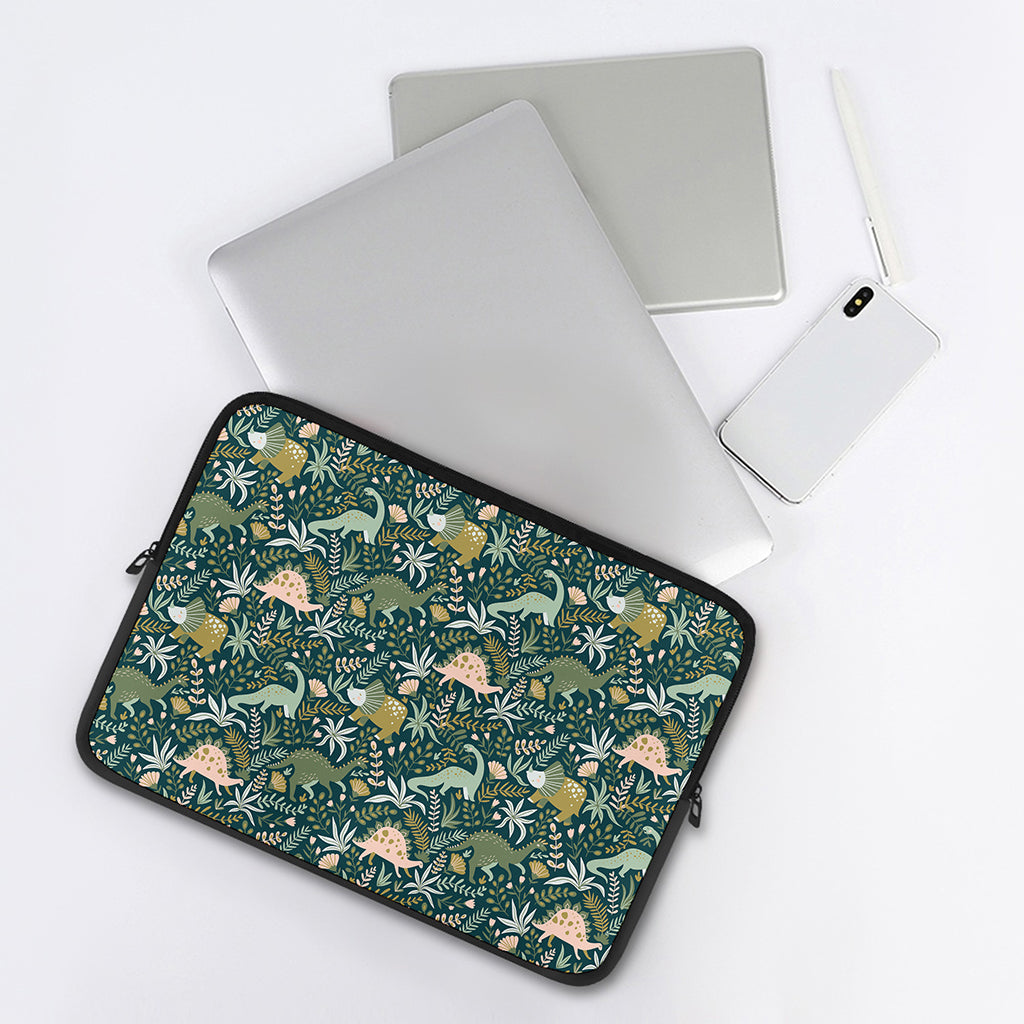 Cute Dino Tropical Leaves Pattern Print Laptop Sleeve