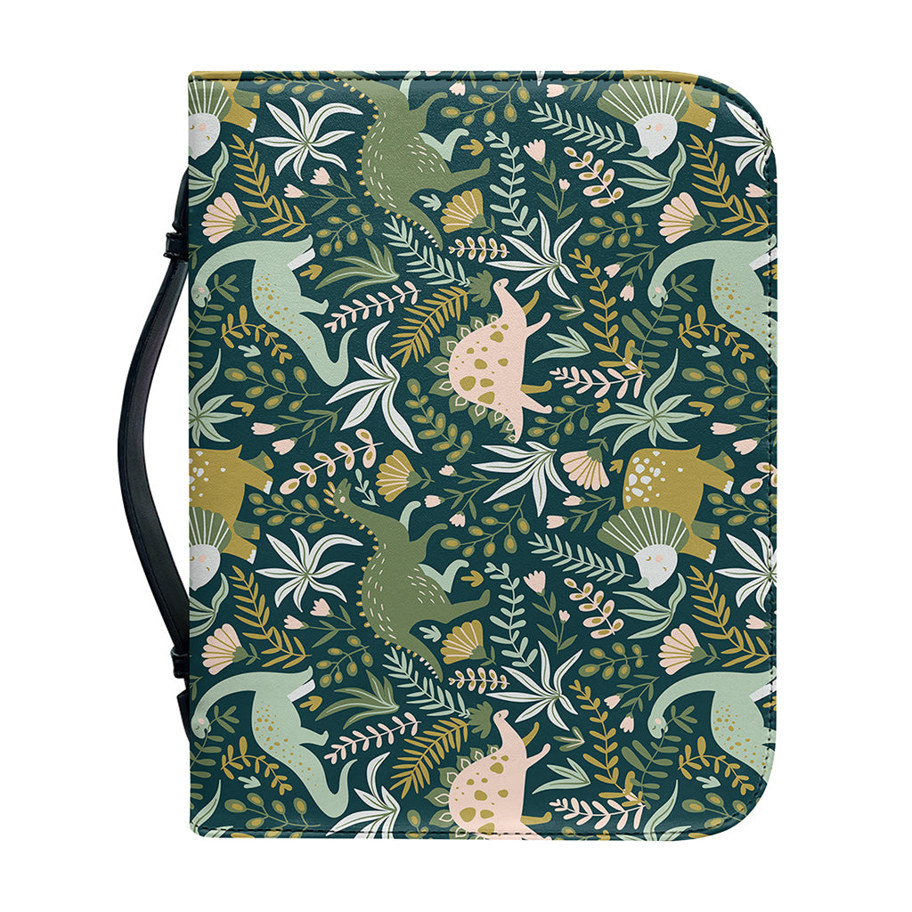 Cute Dino Tropical Leaves Pattern Print Leather Bible Cover