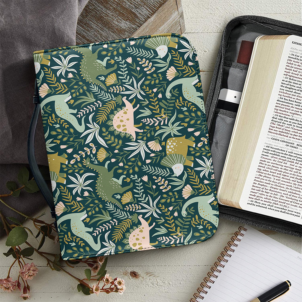 Cute Dino Tropical Leaves Pattern Print Leather Bible Cover