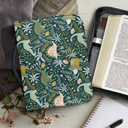 Cute Dino Tropical Leaves Pattern Print Leather Bible Cover