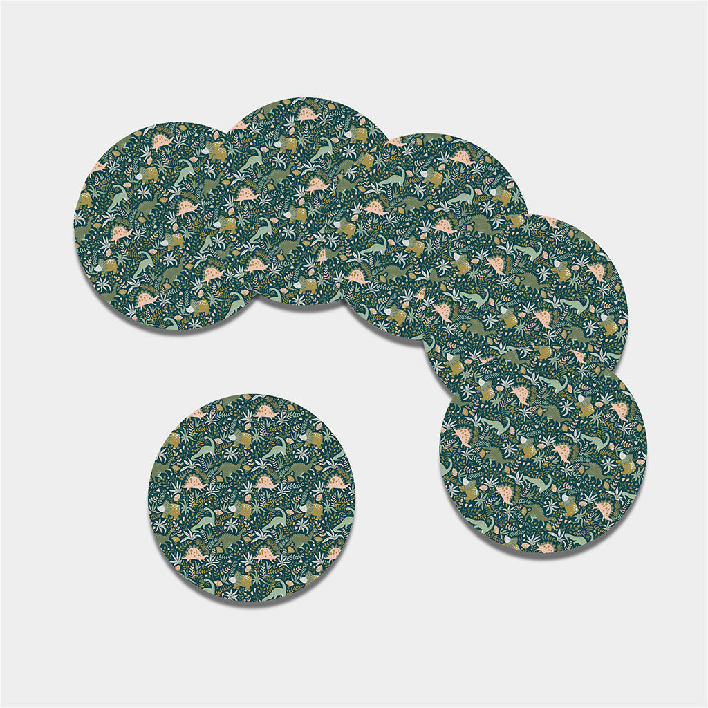 Cute Dino Tropical Leaves Pattern Print Leather Coaster Set