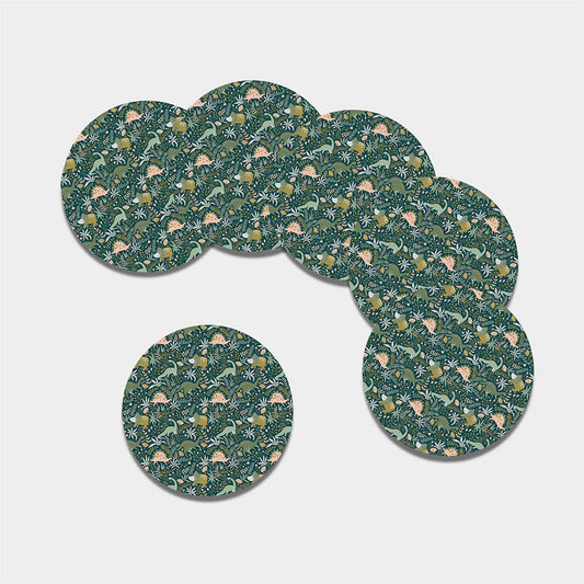 Cute Dino Tropical Leaves Pattern Print Leather Coaster Set