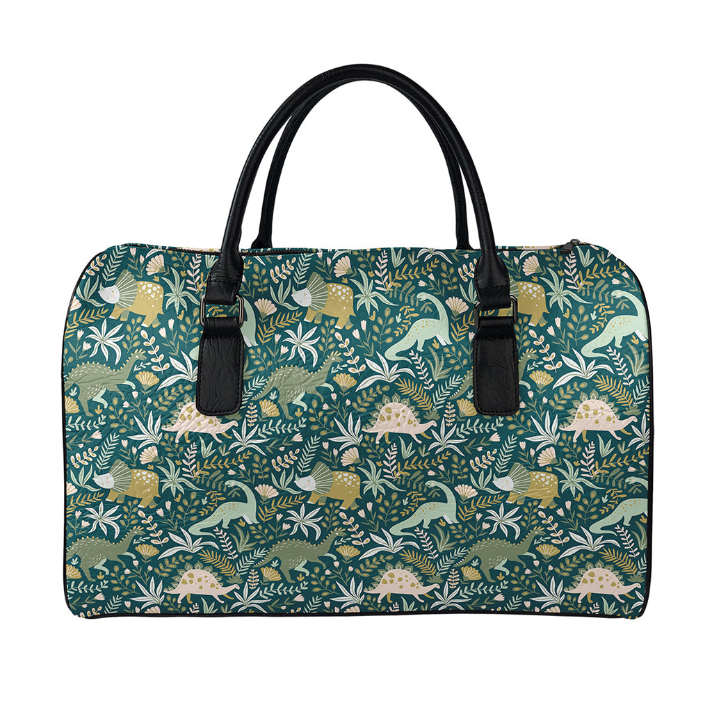Cute Dino Tropical Leaves Pattern Print Leather Duffle Bag