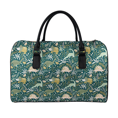 Cute Dino Tropical Leaves Pattern Print Leather Duffle Bag