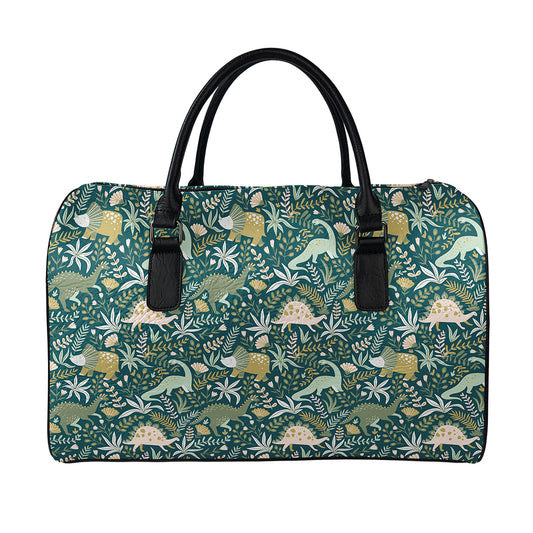 Cute Dino Tropical Leaves Pattern Print Leather Duffle Bag