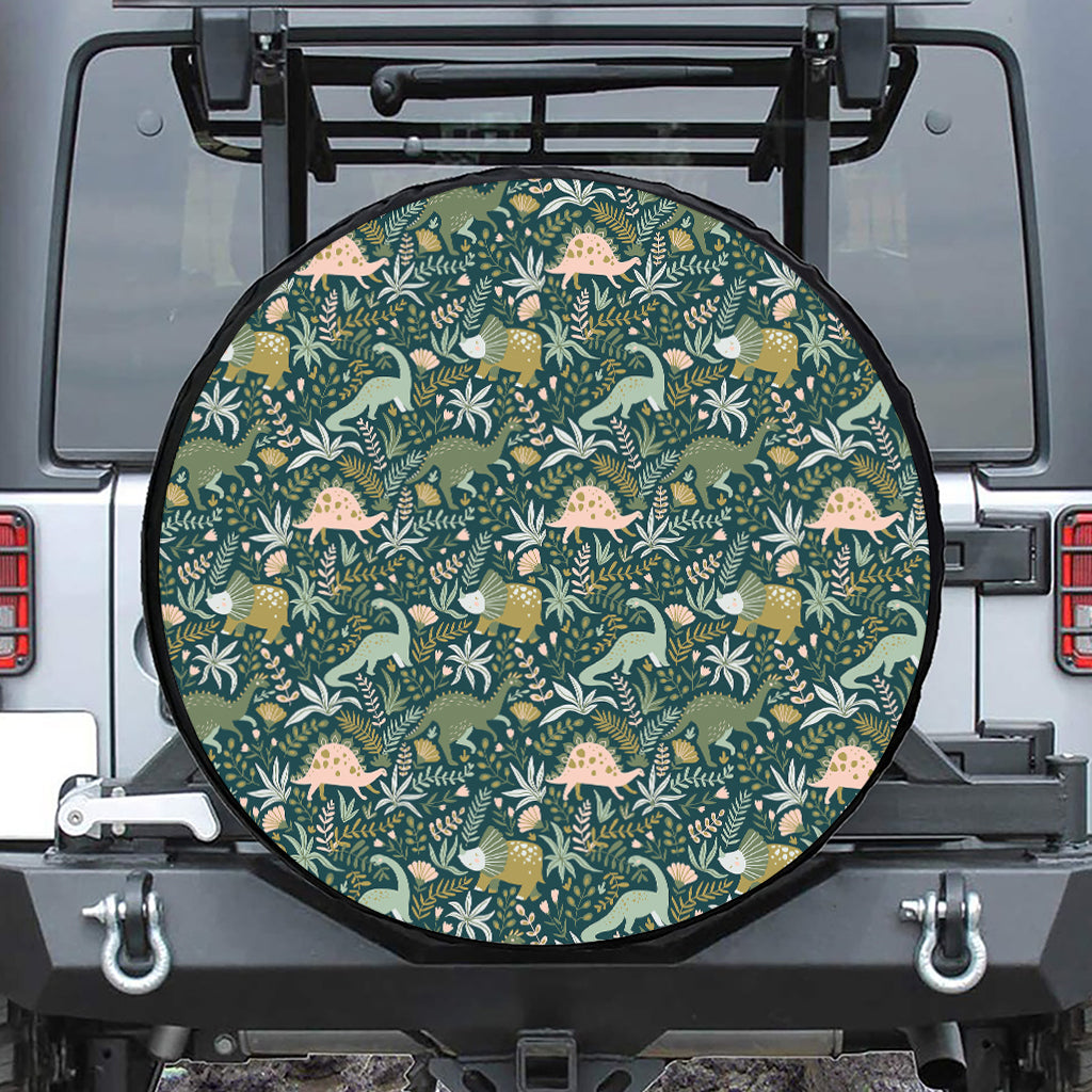 Cute Dino Tropical Leaves Pattern Print Leather Spare Tire Cover