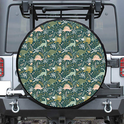 Cute Dino Tropical Leaves Pattern Print Leather Spare Tire Cover