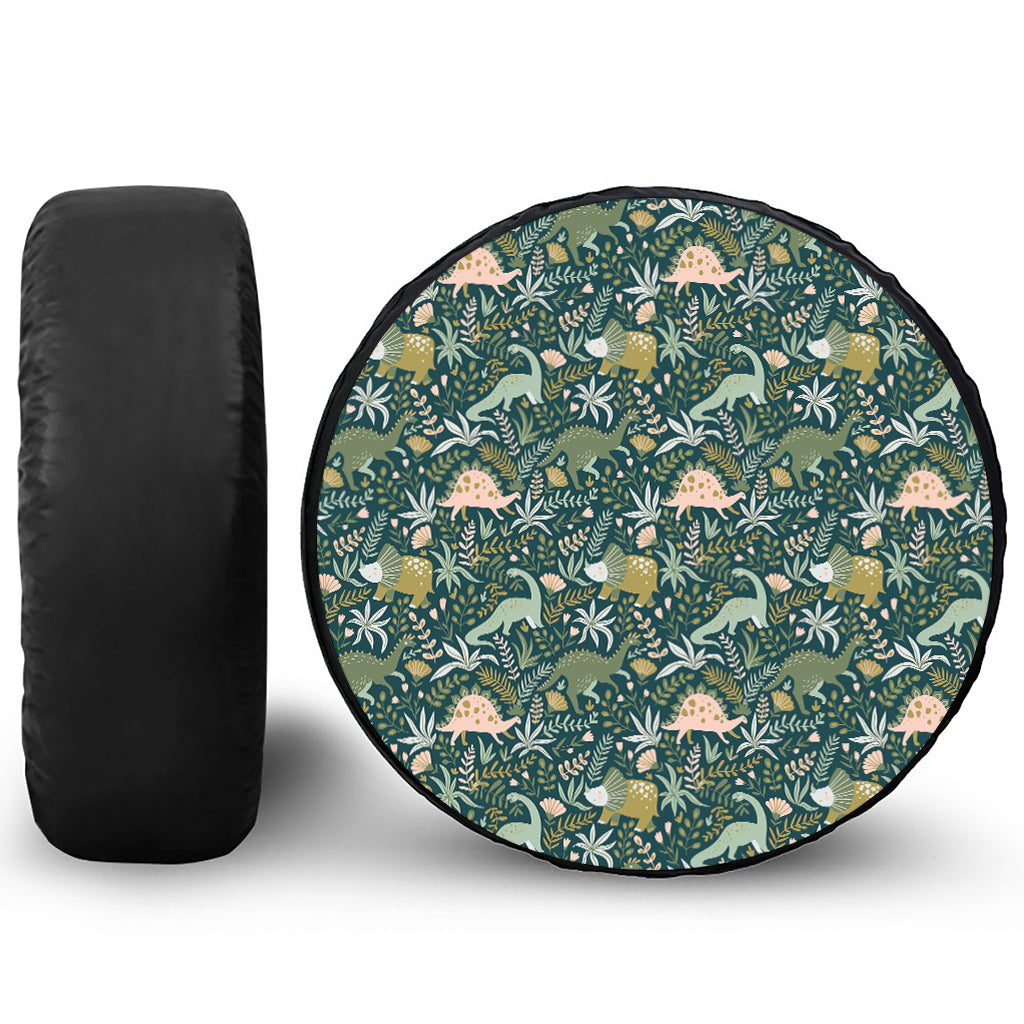 Cute Dino Tropical Leaves Pattern Print Leather Spare Tire Cover