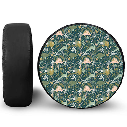Cute Dino Tropical Leaves Pattern Print Leather Spare Tire Cover