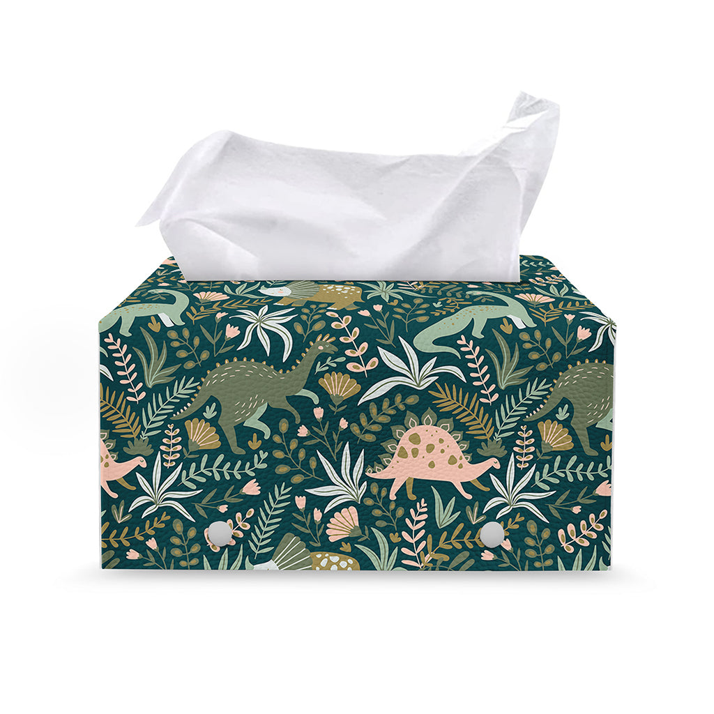 Cute Dino Tropical Leaves Pattern Print Leather Tissue Box Cover
