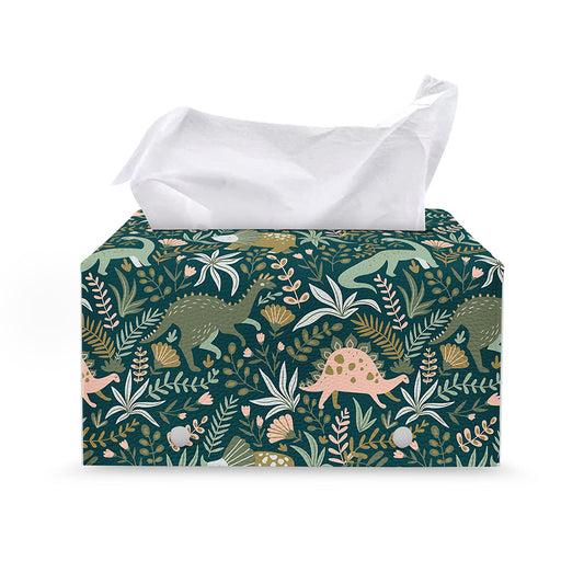 Cute Dino Tropical Leaves Pattern Print Leather Tissue Box Cover