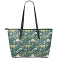 Cute Dino Tropical Leaves Pattern Print Leather Tote Bag With Zipper