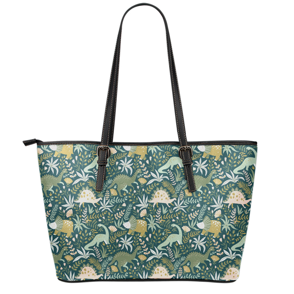 Cute Dino Tropical Leaves Pattern Print Leather Tote Bag