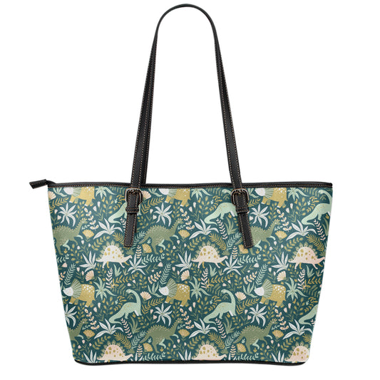 Cute Dino Tropical Leaves Pattern Print Leather Tote Bag