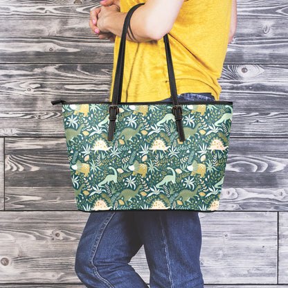 Cute Dino Tropical Leaves Pattern Print Leather Tote Bag