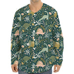 Cute Dino Tropical Leaves Pattern Print Long Sleeve Baseball Jersey