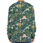 Cute Dino Tropical Leaves Pattern Print Long Sleeve Baseball Jersey