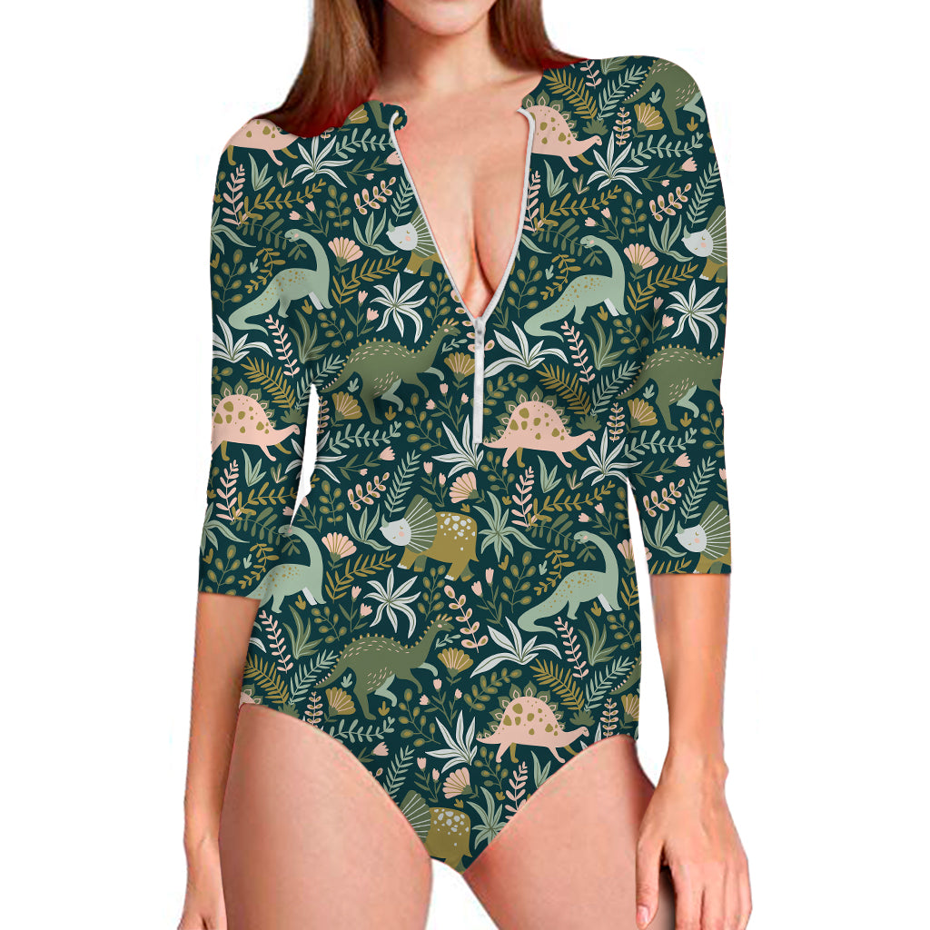 Cute Dino Tropical Leaves Pattern Print Long Sleeve Swimsuit