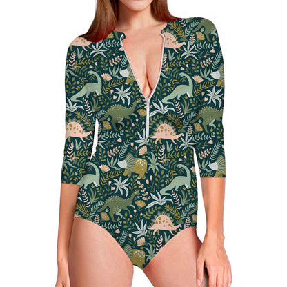 Cute Dino Tropical Leaves Pattern Print Long Sleeve Swimsuit