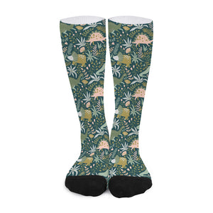 Cute Dino Tropical Leaves Pattern Print Long Socks