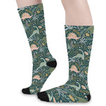 Cute Dino Tropical Leaves Pattern Print Long Socks