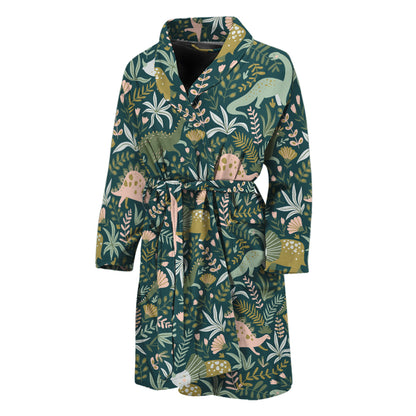 Cute Dino Tropical Leaves Pattern Print Men's Bathrobe