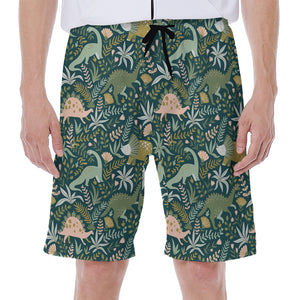 Cute Dino Tropical Leaves Pattern Print Men's Beach Shorts