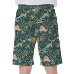 Cute Dino Tropical Leaves Pattern Print Men's Beach Shorts