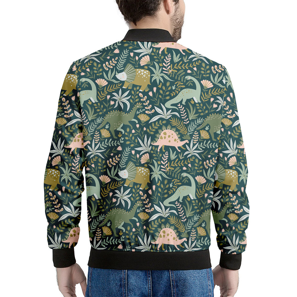 Cute Dino Tropical Leaves Pattern Print Men's Bomber Jacket
