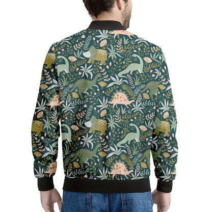 Cute Dino Tropical Leaves Pattern Print Men's Bomber Jacket
